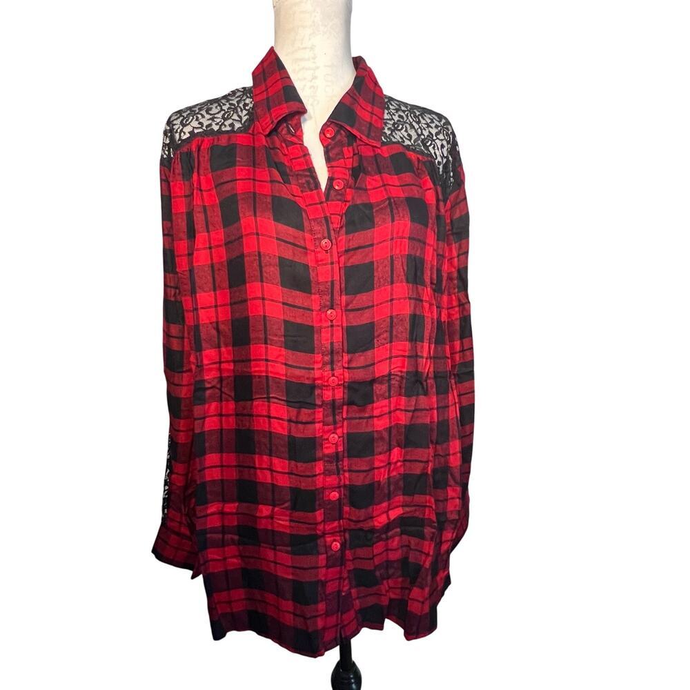 Denim 24/7 women’s size 18W button front red black check floral cheer lace Y2K